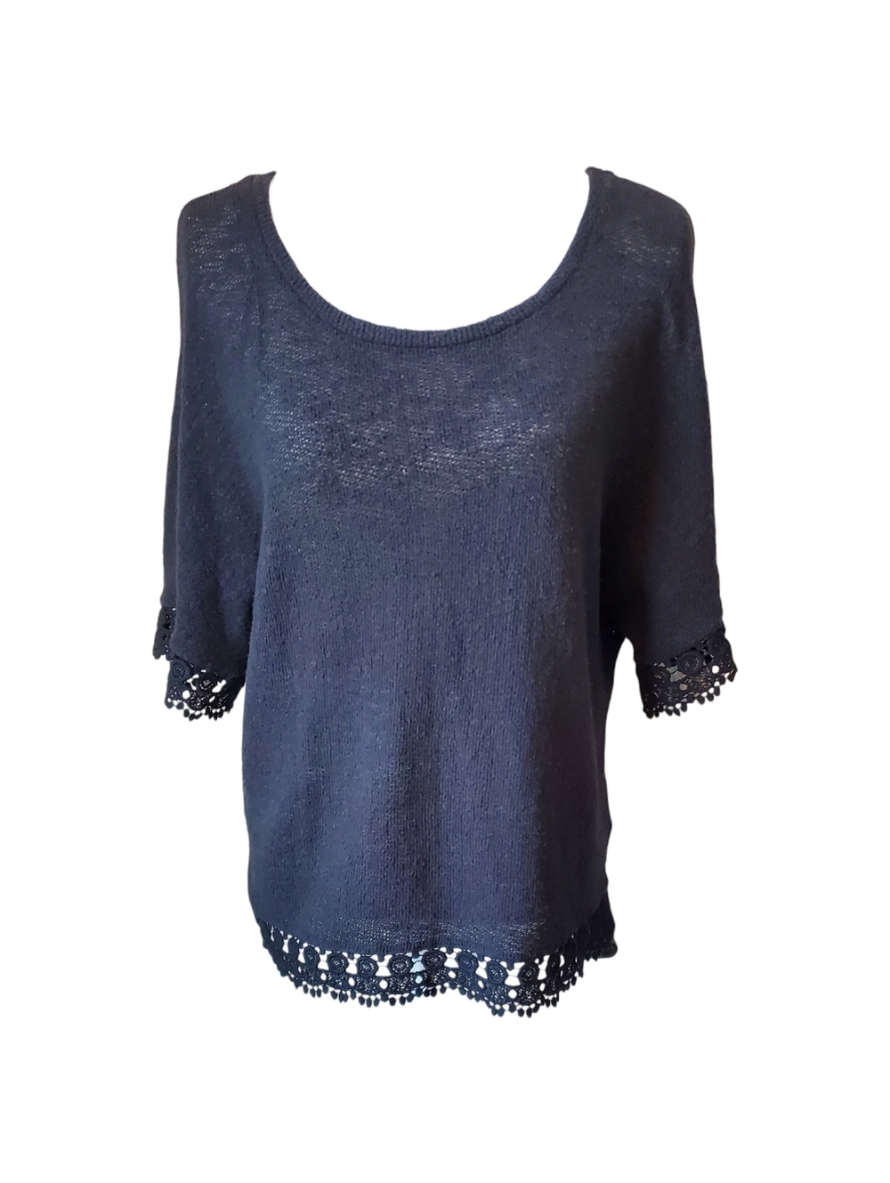 Attention Black Crochet Lace Trim Knit Boho Top Short Raglan Drop Sleeve Size M